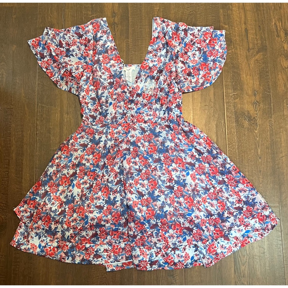 Japna Floral Mini Dress Womens Medium Red White Blue Flutter Sleeve Smocked Back
